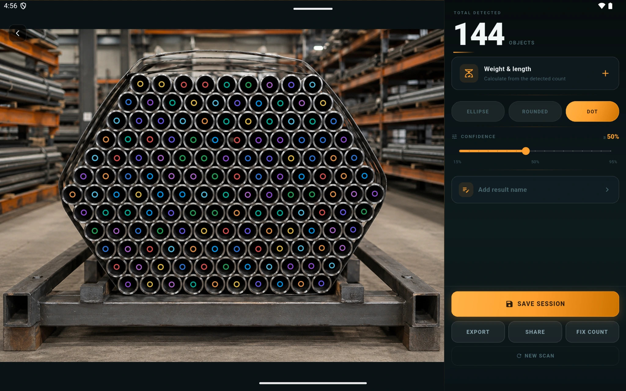 Pipe Counter tablet result showing 144 detected round steel pipes with markers and the total count in the side panel