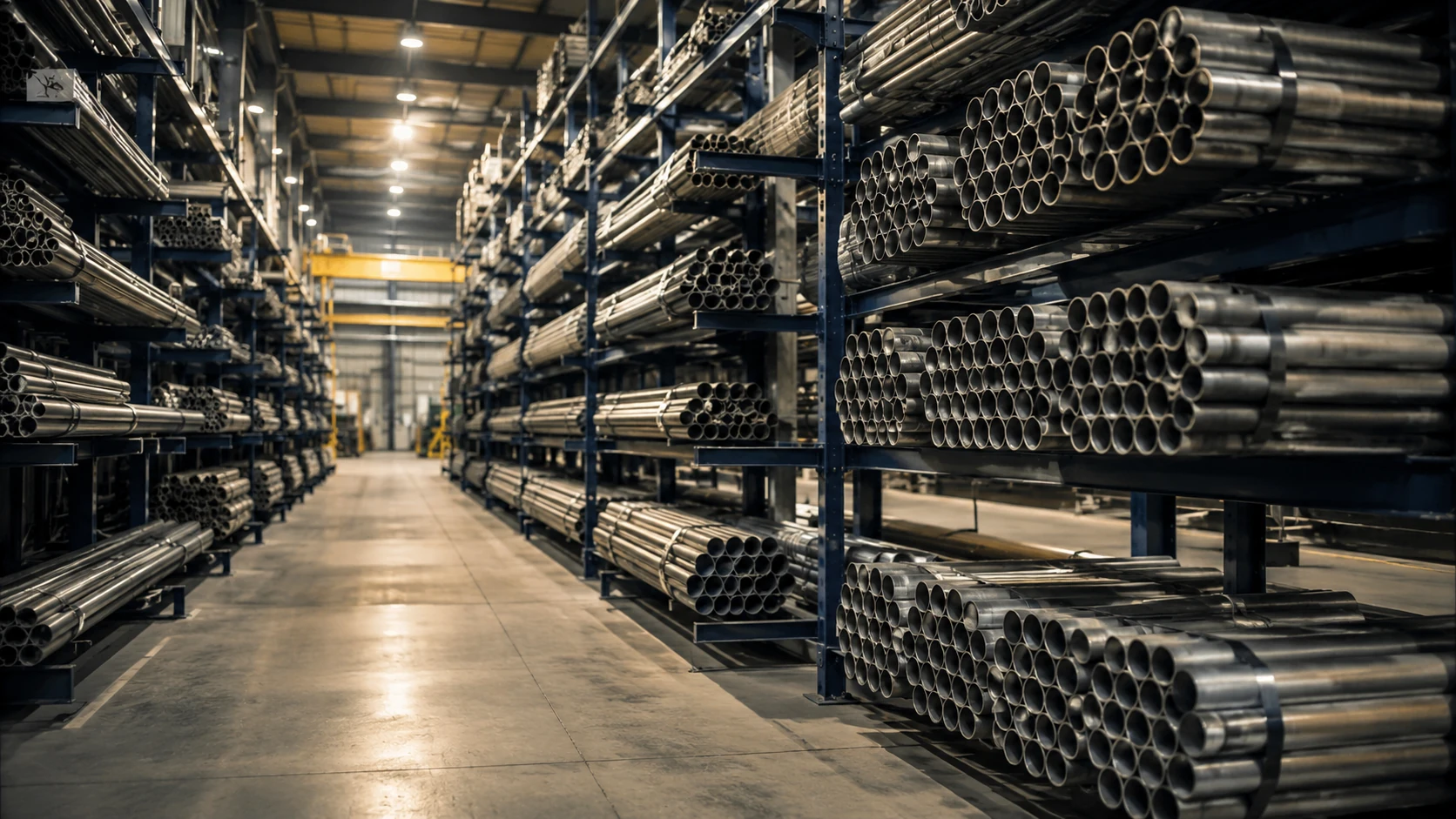 Industrial warehouse storing pipe bundles